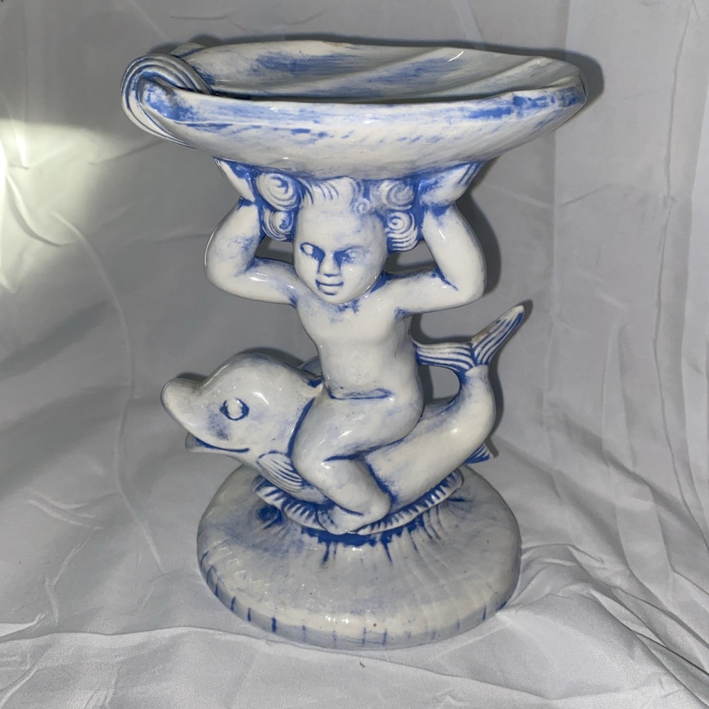 Vtg Ceramic Holland Mold Cherub On Dolphin Soap Dish